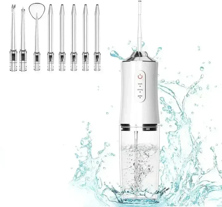 Kabelloser Wasserzahnreiniger, blau-weißer Körper, LED-Anzeigen, auswechselbare Düsen, optimal für Mundhygiene und Reisen.