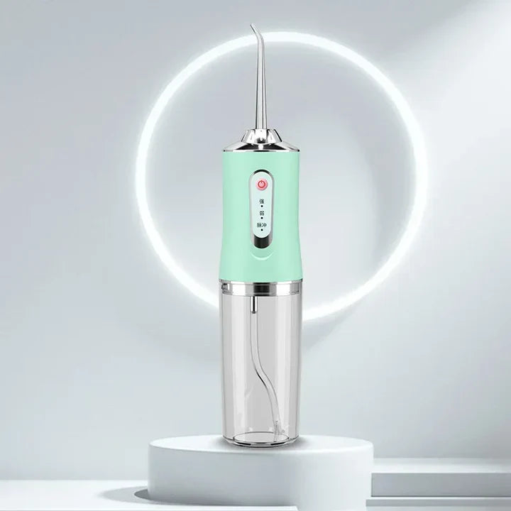 Kabelloser Wasserzahnreiniger, blau-weißer Körper, LED-Anzeigen, auswechselbare Düsen, optimal für Mundhygiene und Reisen.