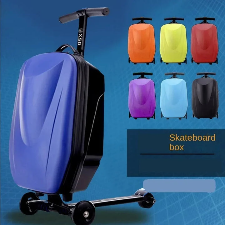 Praktischer Step-Koffer mit Scooterfunktion für Kinder; kompakter Kabinentrolley für schnelles Reisen.