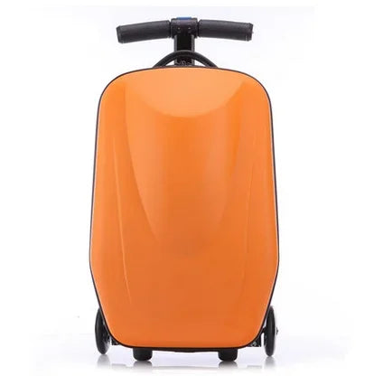 Ergonomischer Step-Koffer mit Scooter für Kinder; ein praktischer Hartschalen Kabinentrolley für Flugreisen.