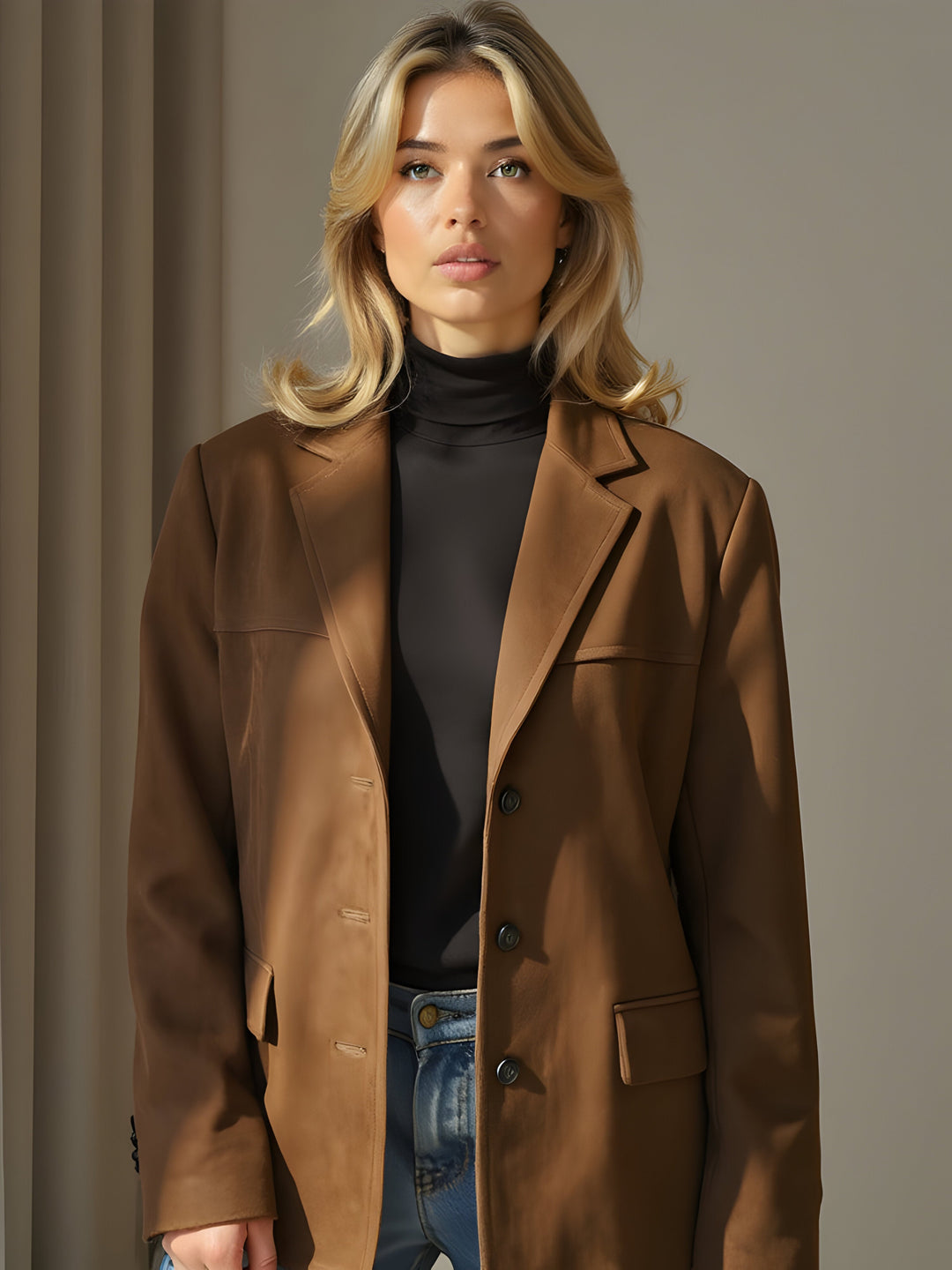Rückansicht einer klassischen schwarzen Damenjacke. Zeitloser Stil und bequeme Passform für Herbst- und Wintermode.