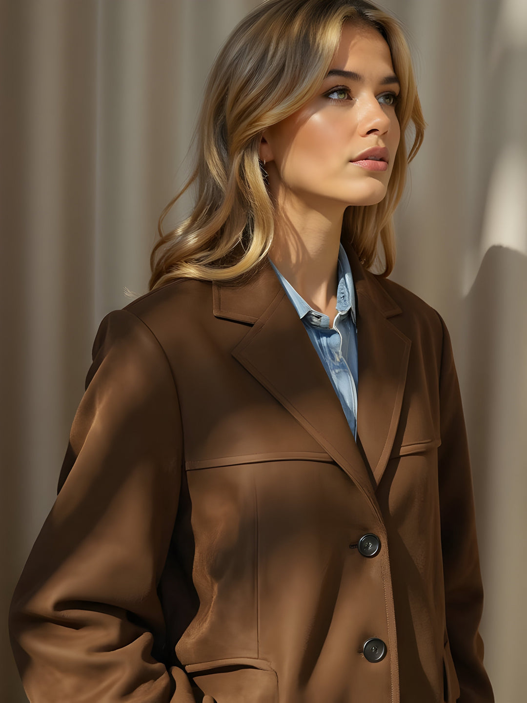 Elegante Damenjacke, getragen von Model. Klassische Silhouette für vielseitige Herbst-Winter-Outfits.