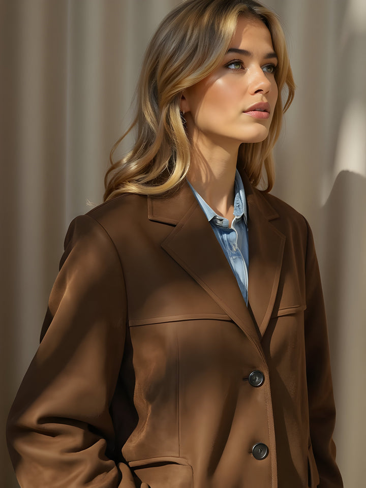 Elegante Damenjacke, getragen von Model. Klassische Silhouette für vielseitige Herbst-Winter-Outfits.