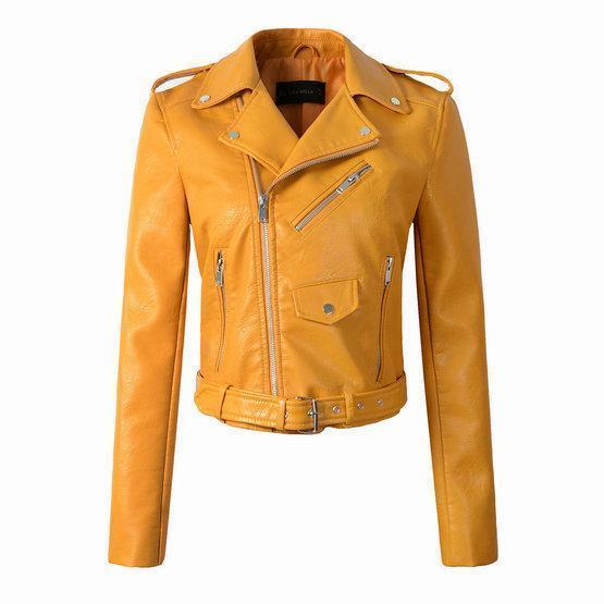 Damen Bikerjacke aus hochwertigem Material, mit klassischem Revers und Schnallen – ideal für selbstbewusste Frauen.