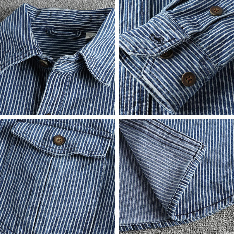 Herren Hemd aus robustem Indigo Denim, Vintage Look. Ganzjährig tragbar, mit Knopfleiste, Ärmel hochgekrempelt.