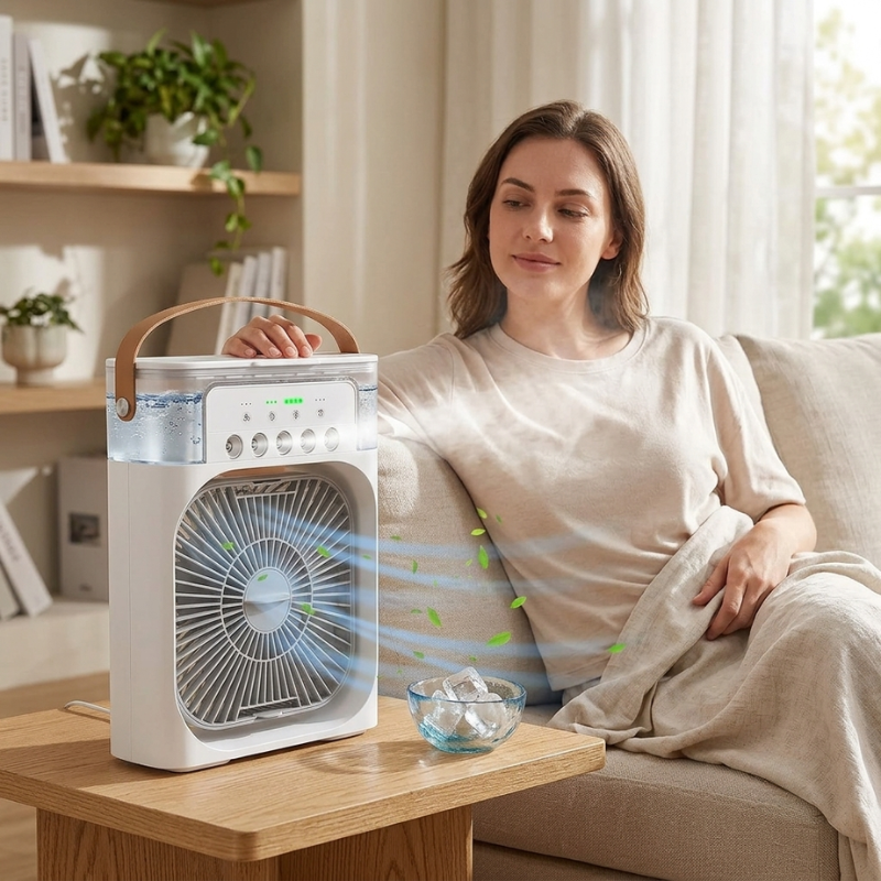 Detailansicht des USB-Ventilators, ein leiser, portabler Luftzirkulator. Perfekt als Schreibtisch- oder Sommerkühlventilator.