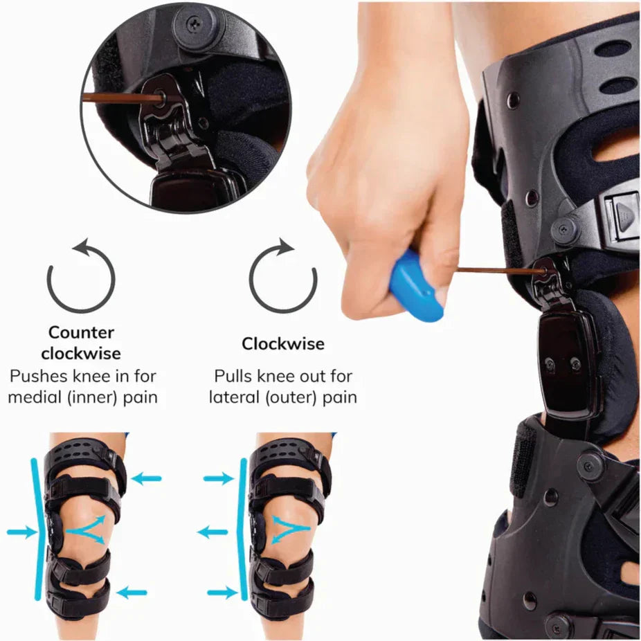 "Kniebandage seitlich in Schwarz, verstellbar für optimale Stabilität und Komfort, geeignet für Sport und Rehabilitation."