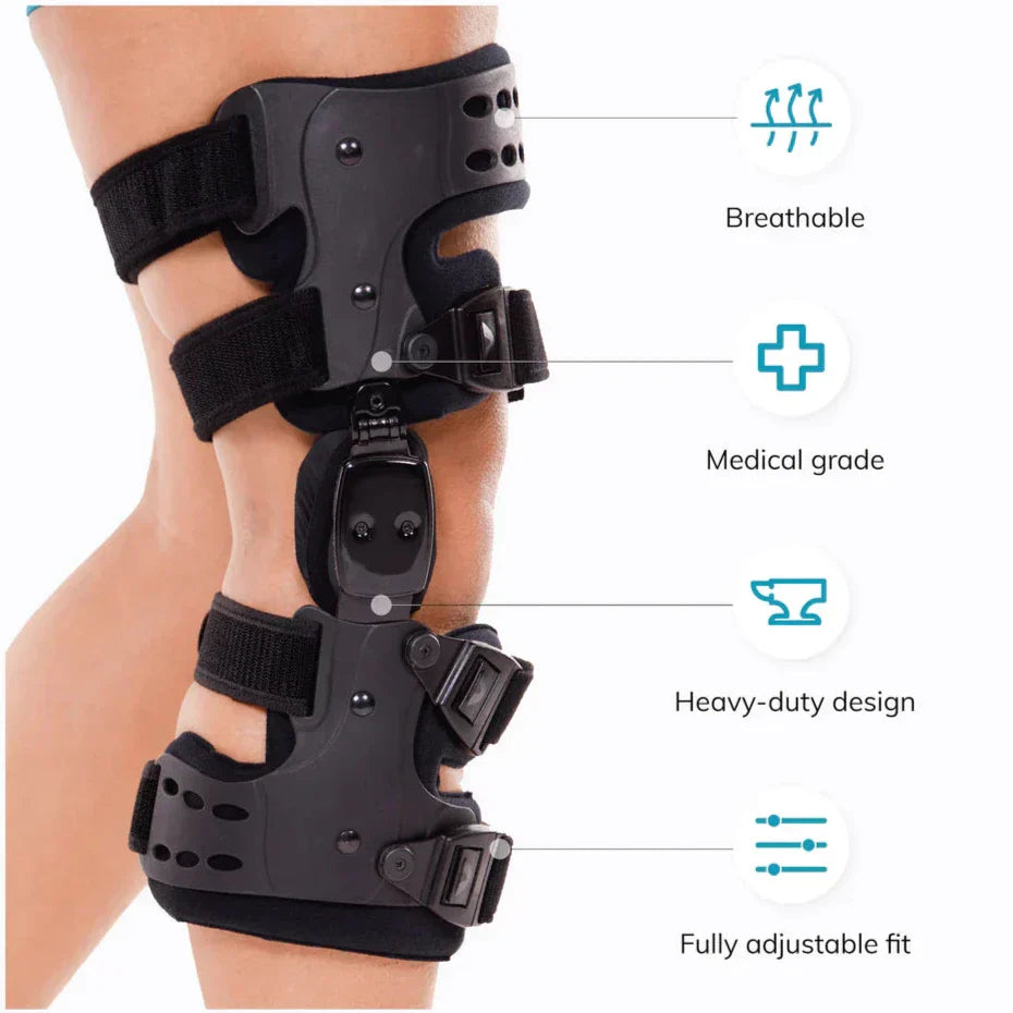 "Kniebandage seitlich in Schwarz, verstellbar für optimale Stabilität und Komfort, geeignet für Sport und Rehabilitation."