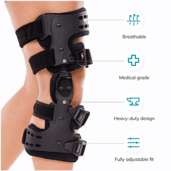"Kniebandage seitlich in Schwarz, verstellbar für optimale Stabilität und Komfort, geeignet für Sport und Rehabilitation."