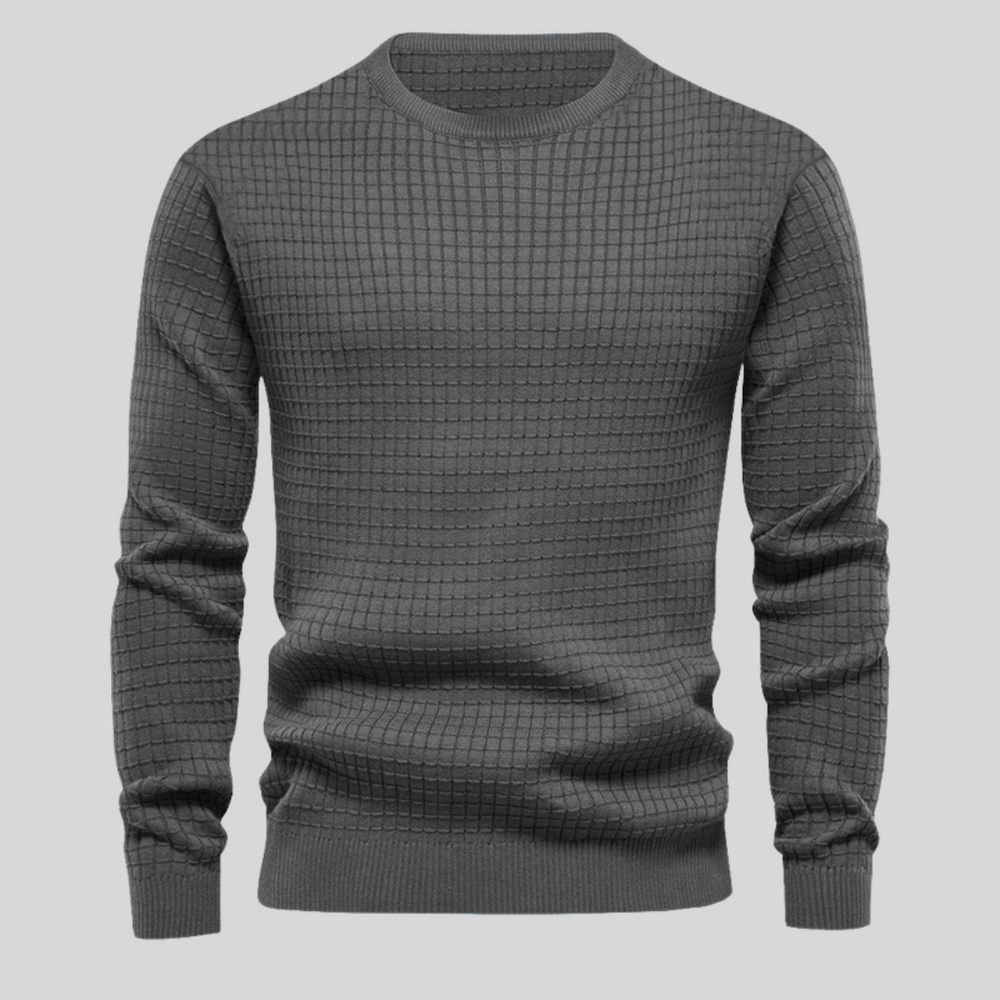 Zeitloser dunkelgrauer Herren Rundhalspullover. Eleganter Langarm-Strick für vielseitige Business Casual & Freizeit-Looks.