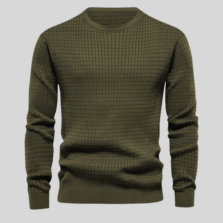 Warmer Herren Winterpullover in trendigem Armeegrün. Bequemer Rundhals-Strick für gemütliche Tage & stilvolle Outfits.