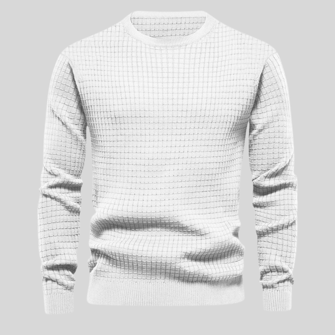 Eleganter weißer Herren Rundhalspullover. Zeitloser Langarm-Strick, perfekt für eine gepflegte Business Casual Erscheinung.