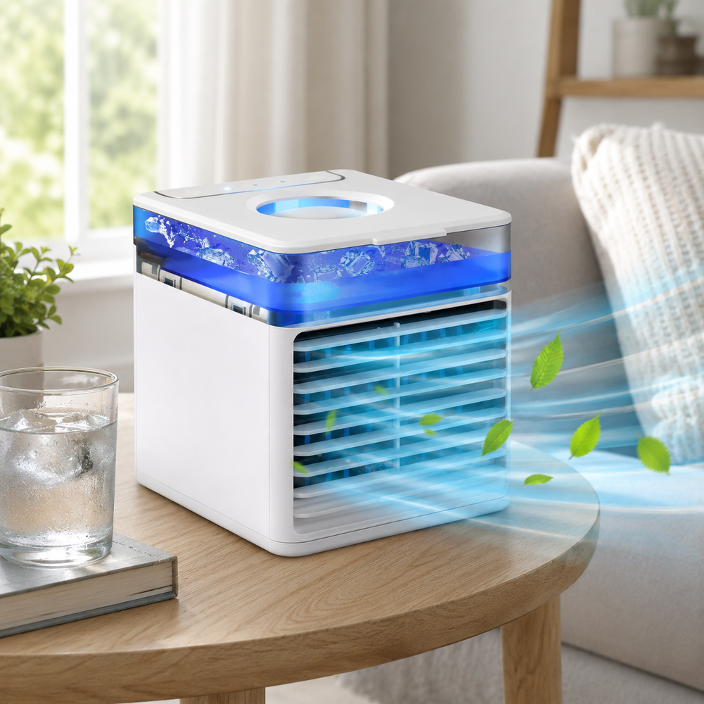 Persönlicher Luftkühler & Luftbefeuchter für Desktop; kühlt effizient mit Ventilator für frische Luft in Büro & Zuhause.