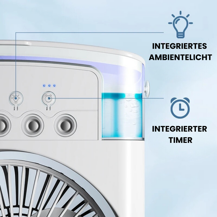"Kompakte tragbare Mini-Klimaanlage mit stilvollem Design, ideal für Schreibtisch, mit Wassertank und USB-Anschluss."