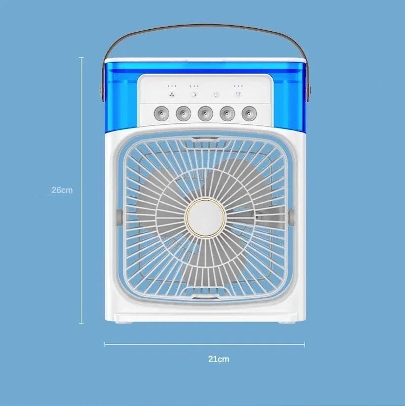 "Kompakte tragbare Mini-Klimaanlage mit stilvollem Design, ideal für Schreibtisch, mit Wassertank und USB-Anschluss."