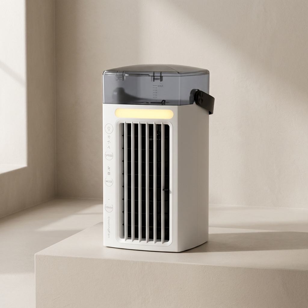 Kompakte, tragbare USB-Klimaanlage für Schreibtisch oder Garten, ideal für persönliche Kühlung im Sommer.