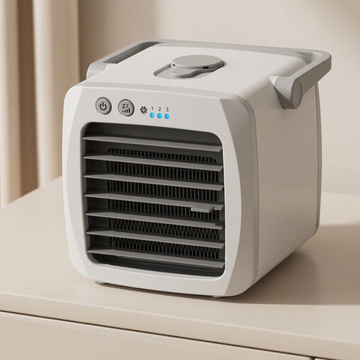 Kompakter 4-in-1 USB-Luftkühler-Ventilator, perfekt für persönliches Raumklima auf dem Schreibtisch.