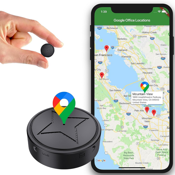 "Kompakter schwarzer Smart GPS-Tracker, magnetisch, kompakt, für Echtzeitüberwachung und Schutz von Wertsachen."