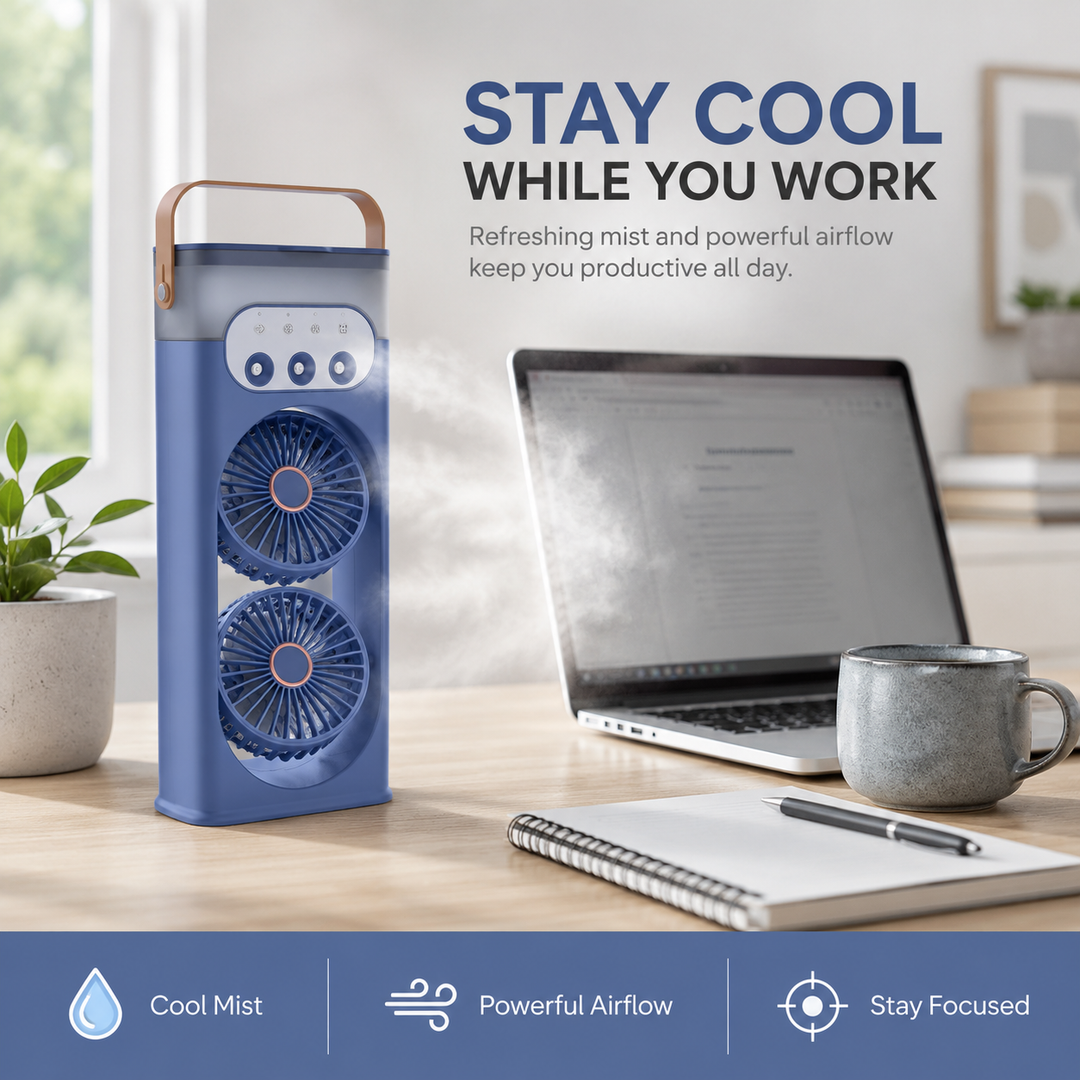 Vielseitiger USB-Turmventilator mit Befeuchtung & Nachtlicht, perfekt als persönlicher Luftkühler für Schreibtisch & Heim.