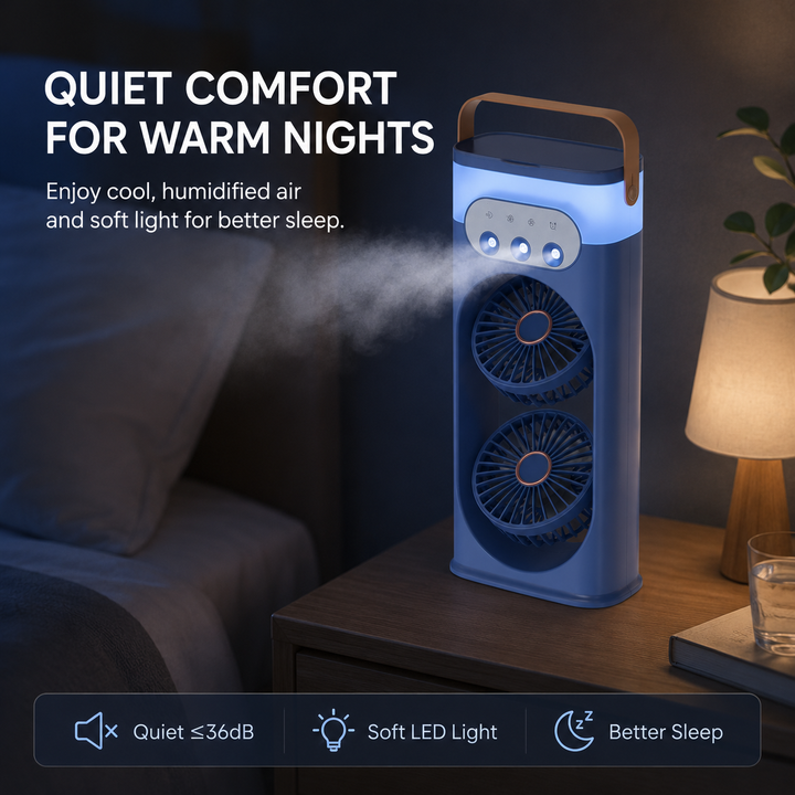 Moderner tragbarer Turmventilator mit Befeuchter, Nachtlicht & USB-Anschluss, ideal für Heim, Büro & Schlafzimmer.