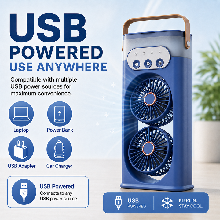Kompakter USB-Turmventilator, Luftbefeuchter & Nachtlicht in einem, perfekt für Schreibtisch & mobiles Arbeiten.