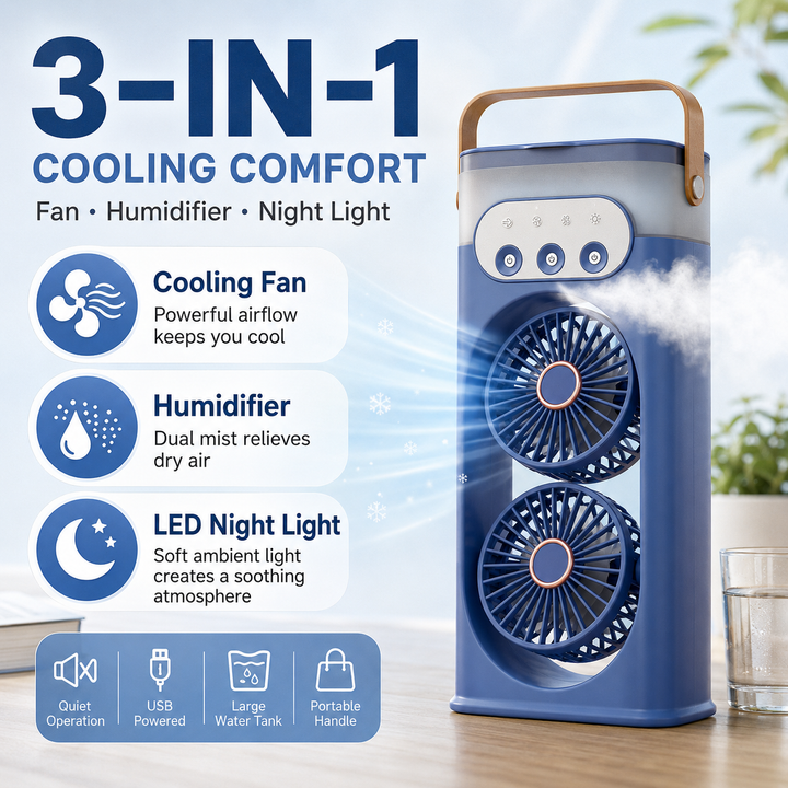 Kleiner tragbarer USB-Turmventilator, Luftkühler mit Befeuchter & LED-Nachtlicht, ideal für unterwegs & Büro.