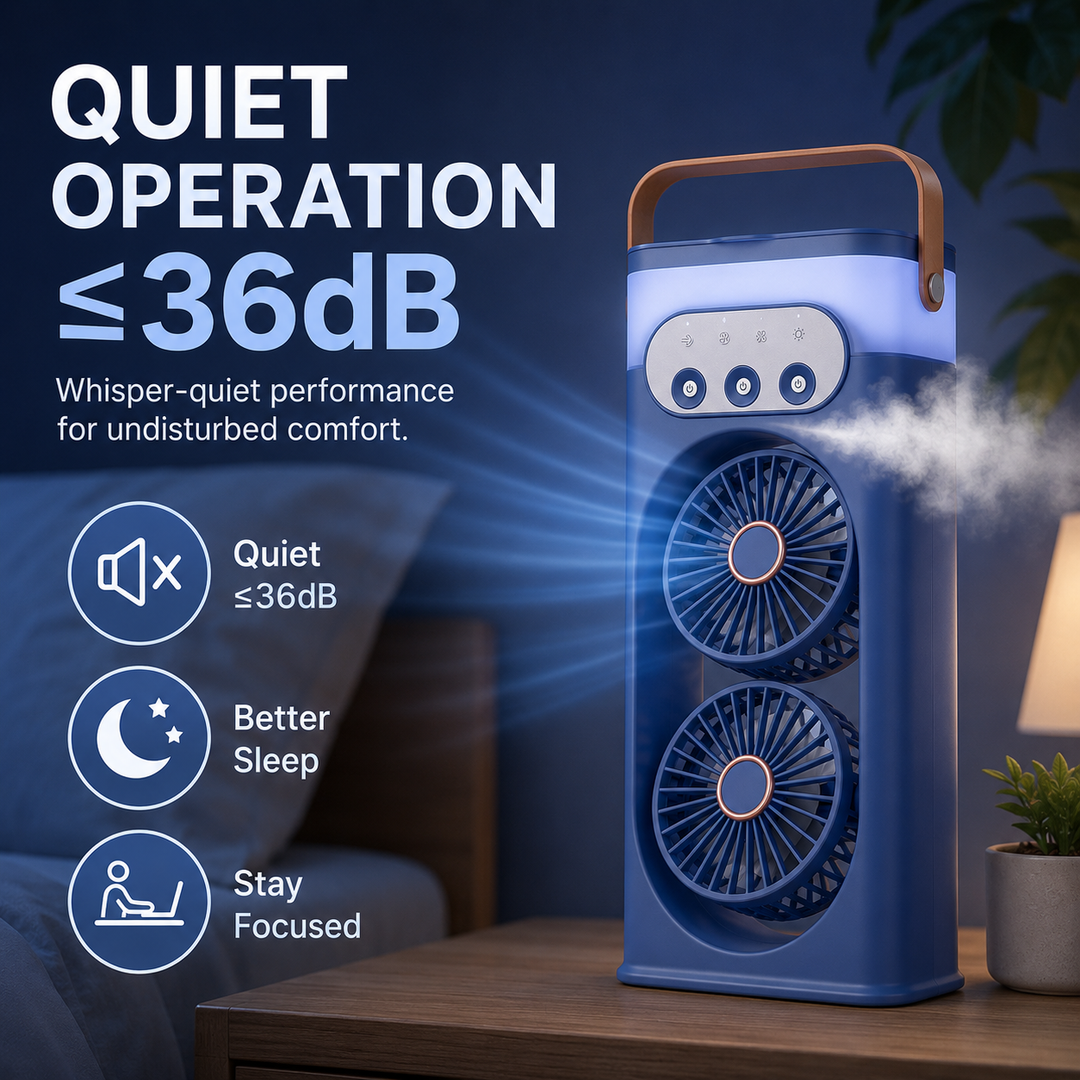 Tragbarer Turmventilator mit effektiver Befeuchtungsfunktion, USB-betrieben, inkl. Nachtlicht für frische Luft im Büro.