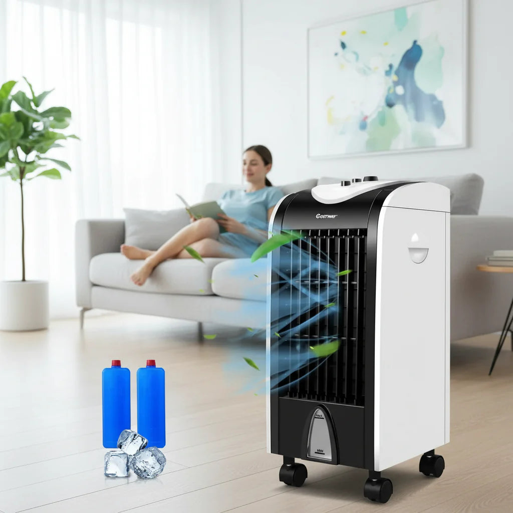 Kompakter, tragbarer Verdunstungskühler für erfrischende Kühle im Homeoffice oder Schlafzimmer im Sommer.