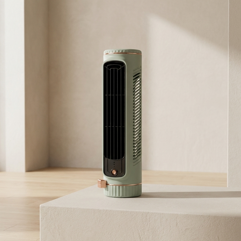 Kompakter Turmventilator ohne Rotorblätter mit USB-Anschluss und Akku, ideal für Schreibtisch.