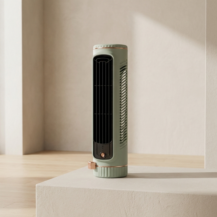 Kompakter Turmventilator ohne Rotorblätter mit USB-Anschluss und Akku, ideal für Schreibtisch.