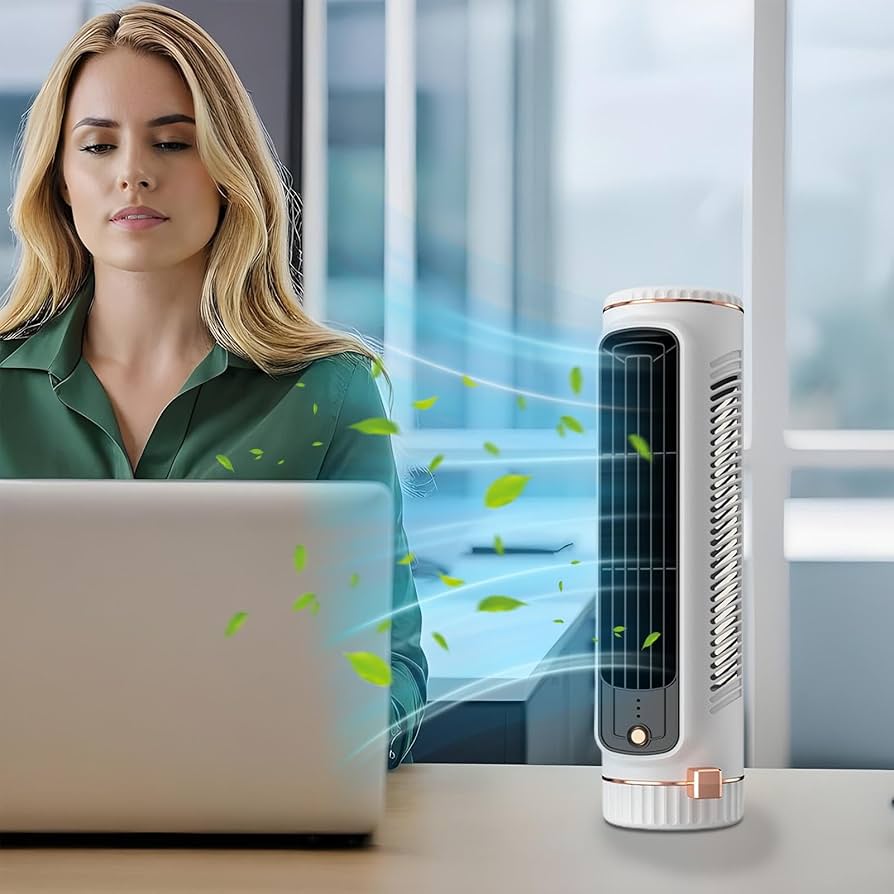 Tragbarer, sicherer Turmventilator ohne Rotorblätter, leise und akkubetrieben für Büro & Zuhause.