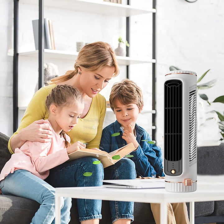 USB-Turmventilator mit Akku, kompaktes Design ohne Rotorblätter für frische Luft am Arbeitsplatz.