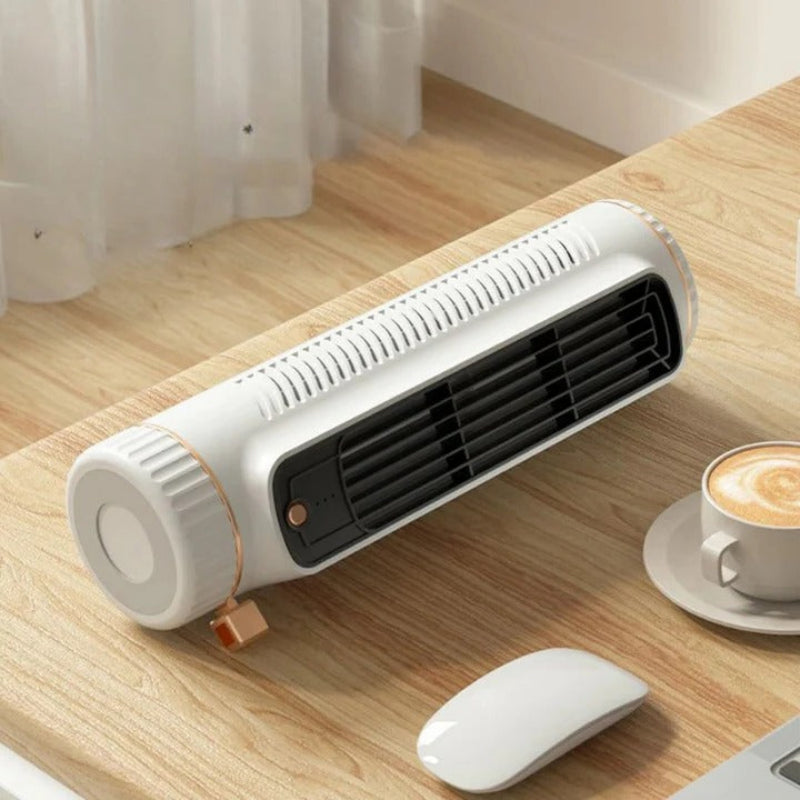 Kleiner, leiser Schreibtischventilator ohne Rotorblätter, per USB oder Akku betrieben, perfekt fürs Büro.