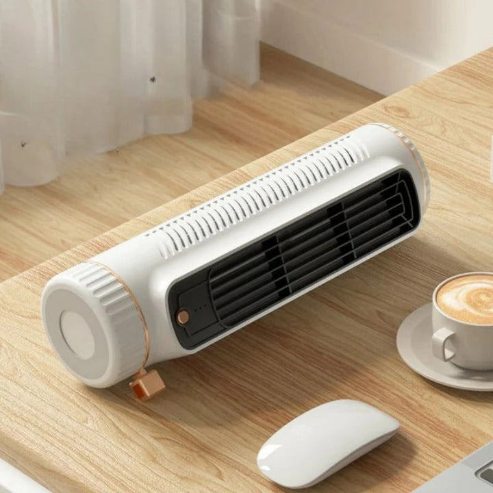 Kleiner, leiser Schreibtischventilator ohne Rotorblätter, per USB oder Akku betrieben, perfekt fürs Büro.