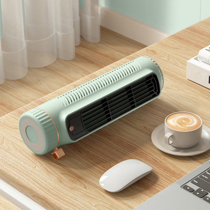 Moderner, rotorloser Turmventilator, sicher für Kinder, tragbar mit Akku für überall einsetzbar.