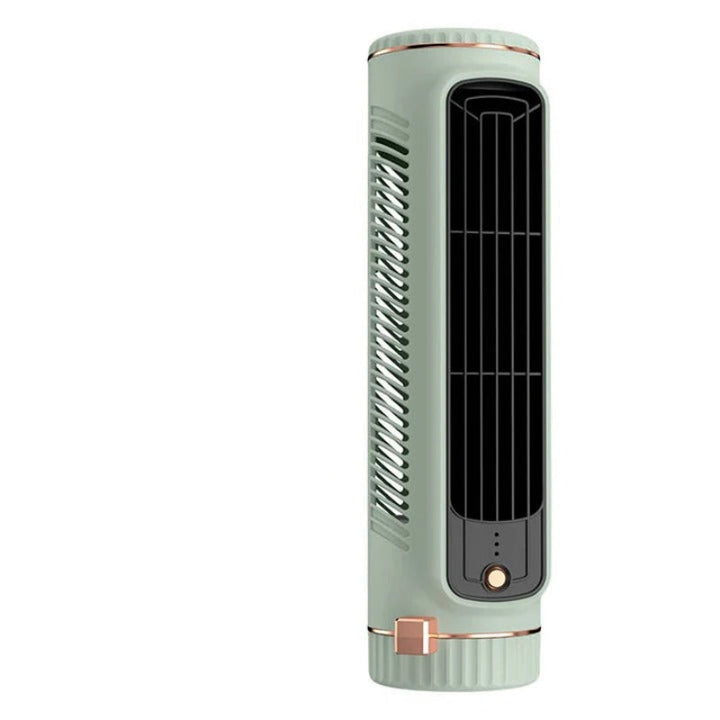 Leiser, akkubetriebener Tischventilator ohne Rotorblätter, flexibel über USB aufladbar.