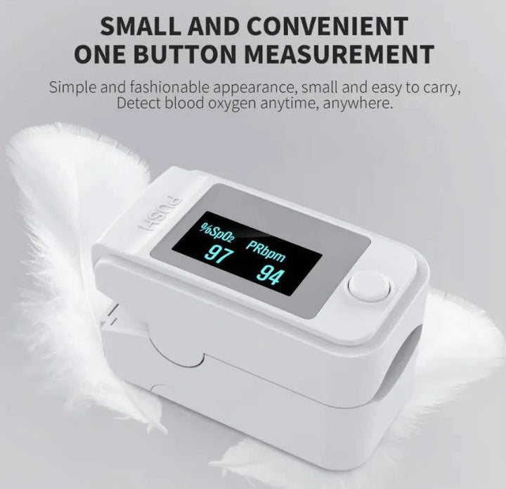 Kompaktes Fingerpuls Oximeter, digitales OLED-Display, präzise Messung von Sauerstoffsättigung und Herzfrequenz. Ideal unterw