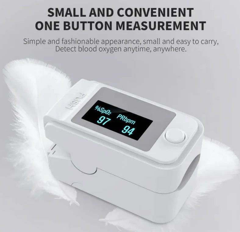 Kompaktes Fingerpuls Oximeter, digitales OLED-Display, präzise Messung von Sauerstoffsättigung und Herzfrequenz. Ideal unterw