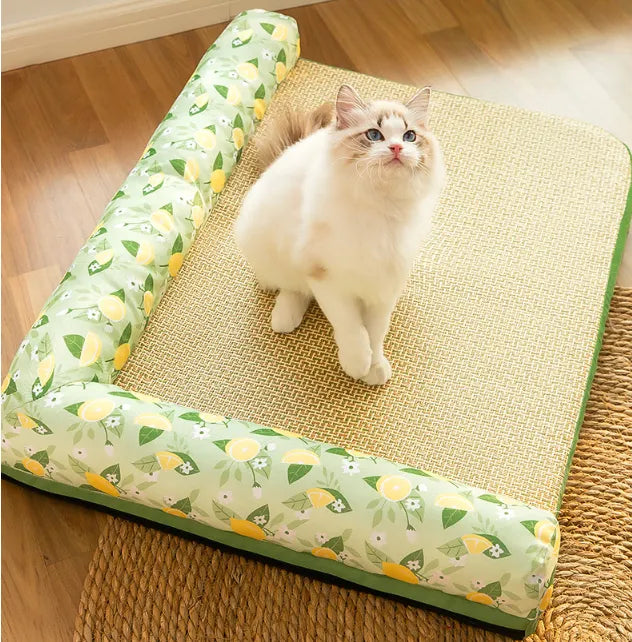 Kühlmatte für Katzen mit erhöhtem Rand, Zitronen-Duft, bietet erfrischenden Komfort und Geborgenheit auf heißen Sommertagen.