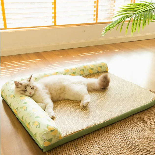 Kühlmatte für Katzen mit erhöhtem Rand, Zitronen-Duft, bietet erfrischenden Komfort und Geborgenheit auf heißen Sommertagen.