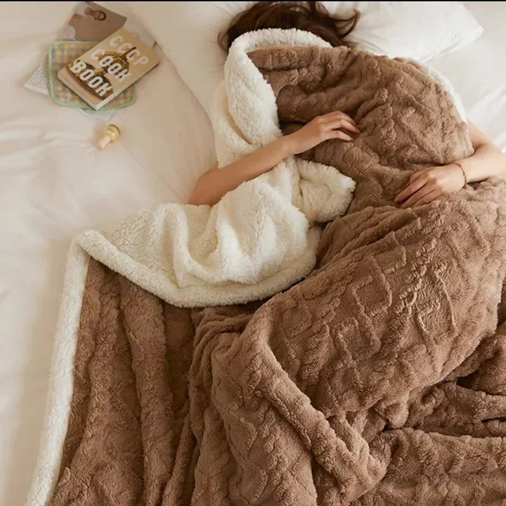 Flauschige braune Decke, doppelseitig, kuschelig, ideal für gemütliche Winterabende.