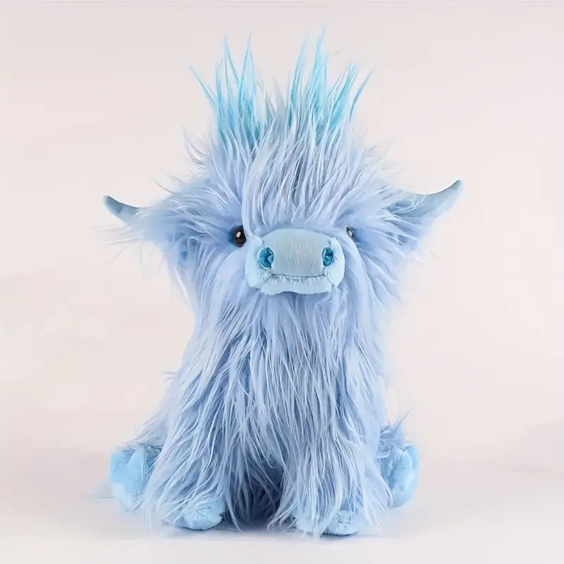 Kuscheliges Hochlandrind Plüschtier, weich, zottelige Mähne, verfügbar in Schwarz, Weiß, Braun, Blau, kinderfreundlich.