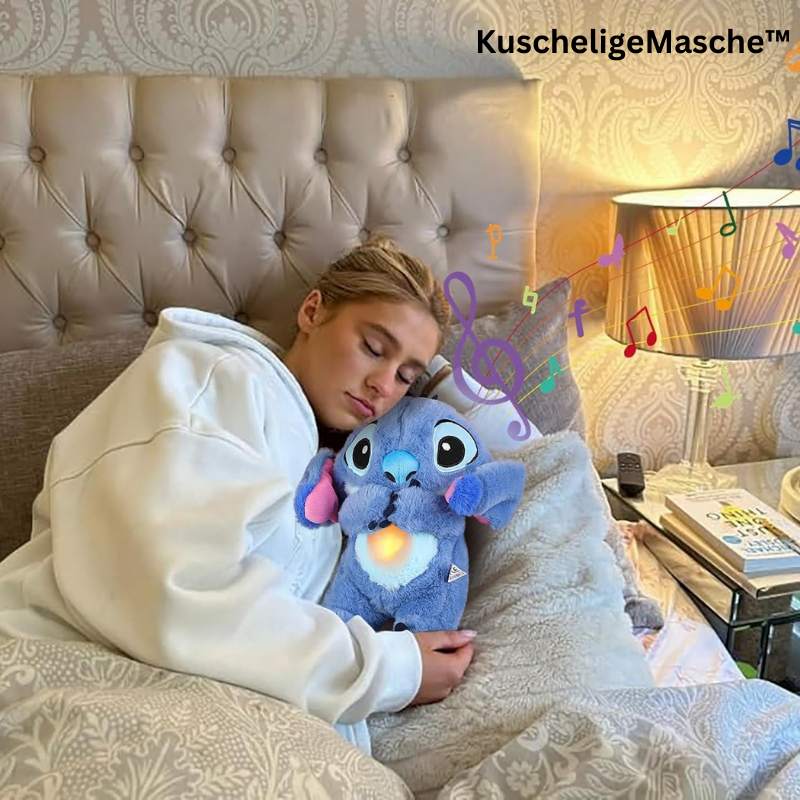 Kuscheliges Plüschspielzeug mit sanften Lichtern und Musik, ideal für Geborgenheit und Entspannung bei Kindern und Babys.