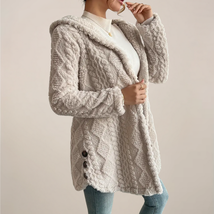 Eleganter Damen Cardigan mit Kapuze, strukturiertes Strickmuster, perfekt für lässige Frühlingsoutfits.