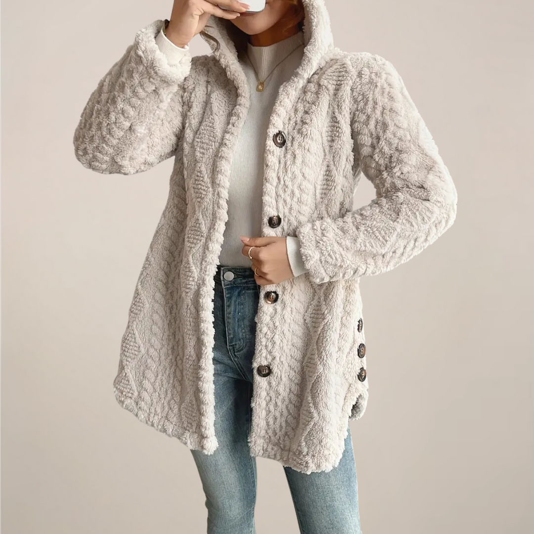Strukturierter Damen Frühlings Cardigan mit Kapuze. Lässiges Oberteil für die Übergangszeit, modebewusst & bequem.