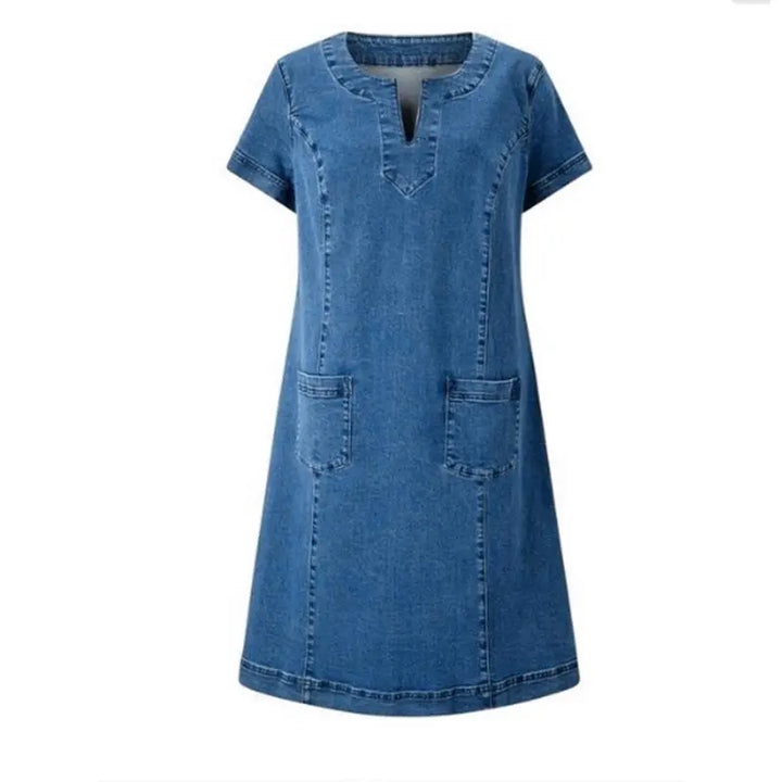 Stylisches blaues Urlaubskleid für Damen, ein lässiges Sommerkleid mit funktionalen Seitentaschen.