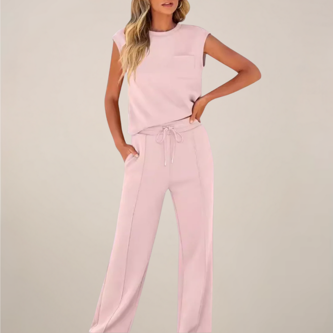 Trendiges Damen Freizeit-Hosen-Set mit Kordelzug. Vielseitiger Zweiteiler für Frühling & entspannte Tage.