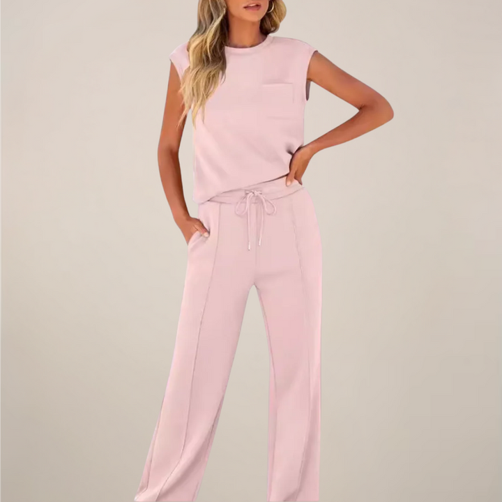 Trendiges Damen Freizeit-Hosen-Set mit Kordelzug. Vielseitiger Zweiteiler für Frühling & entspannte Tage.