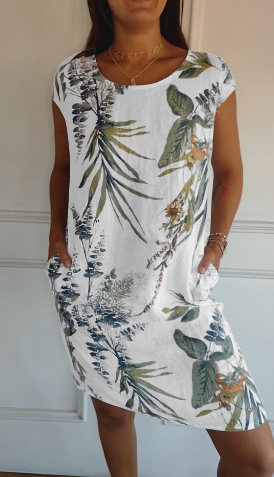 Lässiges Damen Sommerkleid mit stylischem Blattmuster, perfekt für Freizeit & Urlaub. Luftig & bequem.