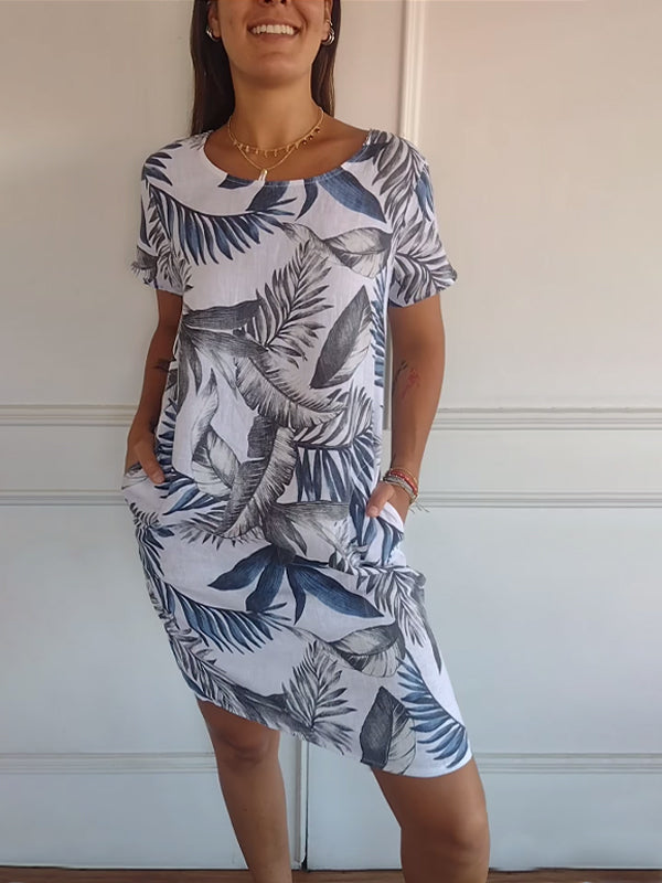 Bequemes casual Damen Sommerkleid mit Blattmuster für Alltag, Strand & Urlaub. Kurzarm & luftig.